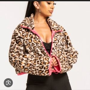 leopard and pink faux fur jacket, possibly by the brand WOW couture. 
